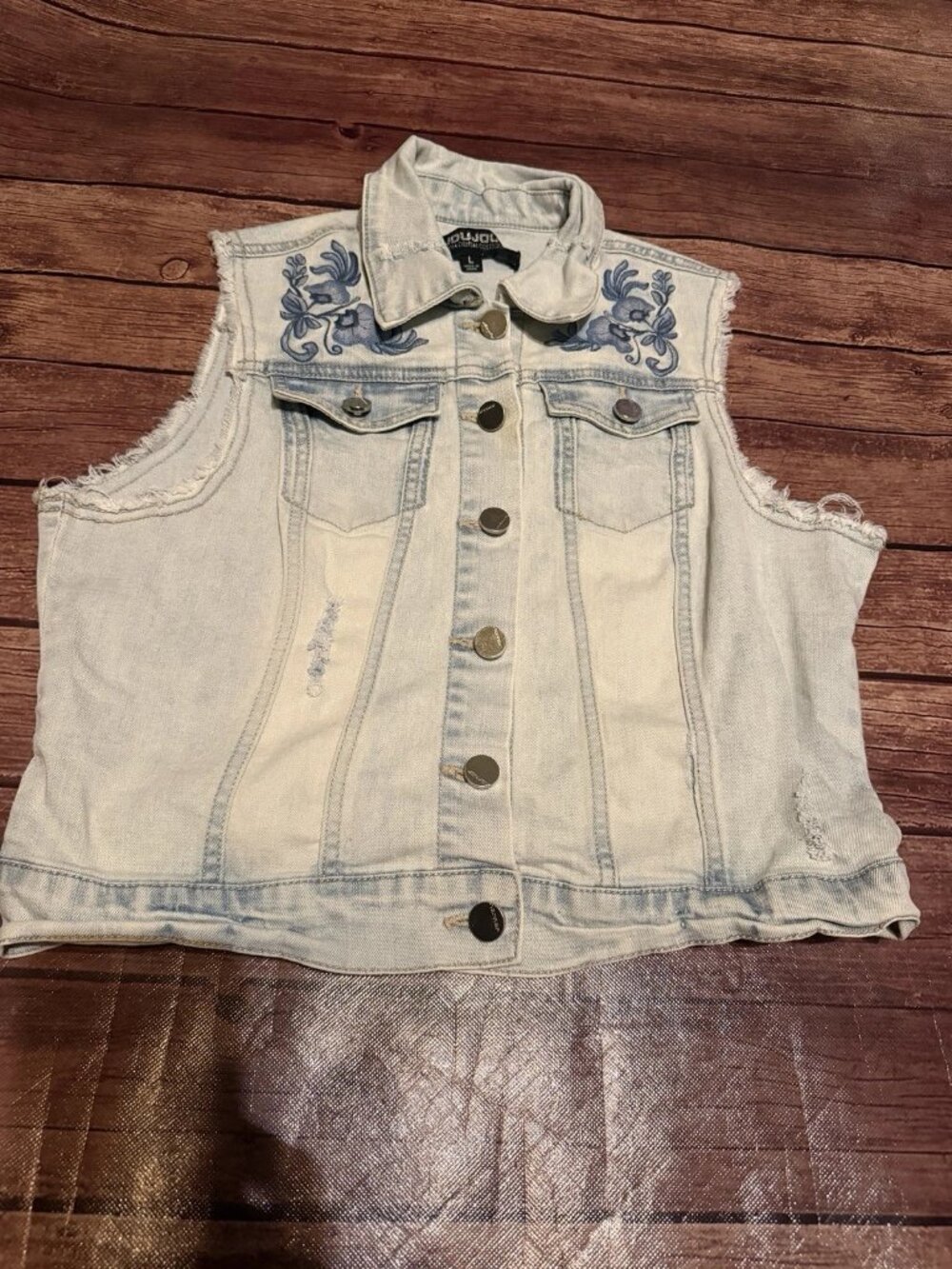 Women’s Joujou Frayed Floral Denim Vest Large Vintage